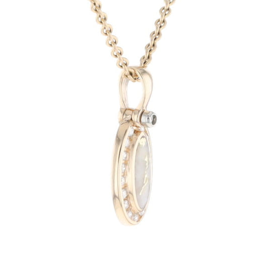 Gold Quartz Pendant Oval Inlaid with .22ctw Round Diamonds Halo (G1)