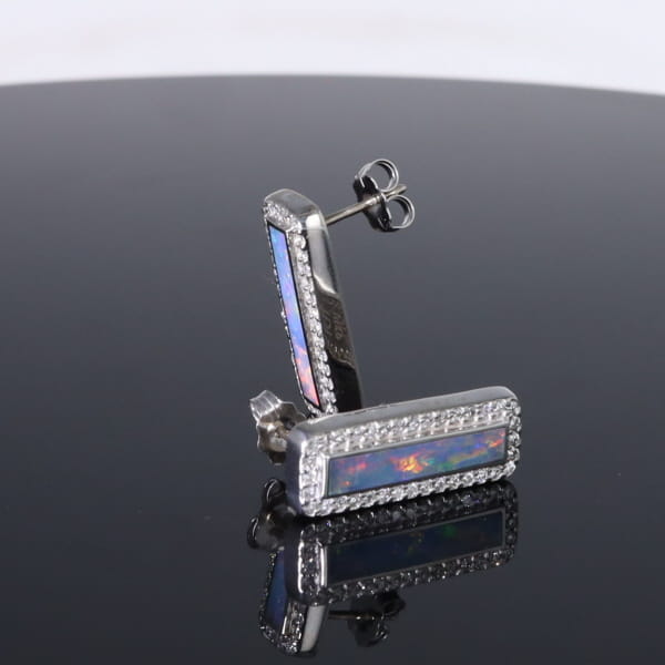 Opal Earrings Rectangle Inlaid with .50ctw Round Diamond Halo Studs