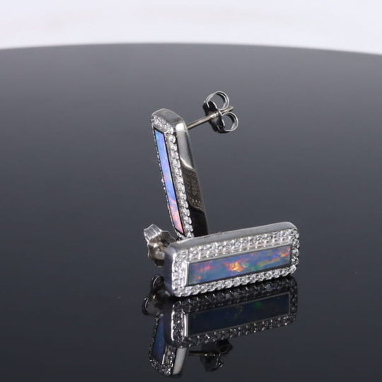 Opal Earrings Rectangle Inlaid with .50ctw Round Diamond Halo Studs