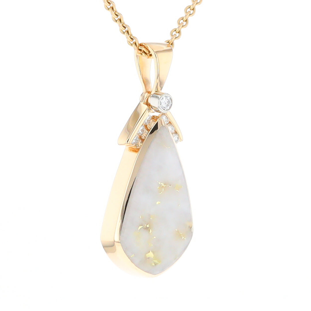 Gold Quartz Necklace Pear Shape Inlaid Pendant with .15ctw Diamonds