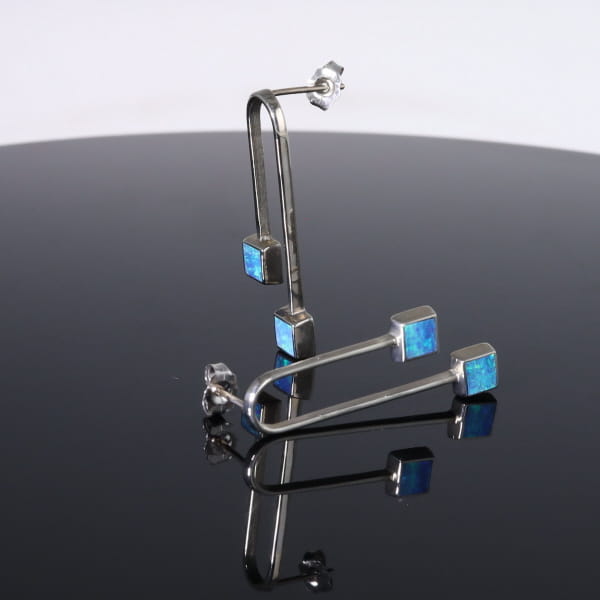 Opal Earrings Curved Bar Double Square Inlaid Ends Design Studs