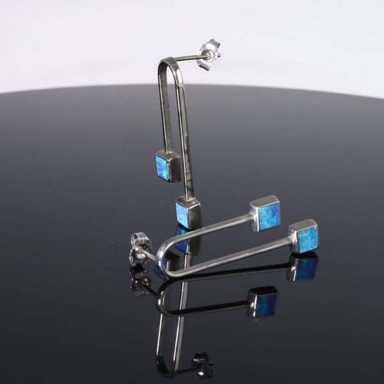 Opal Earrings Curved Bar Double Square Inlaid Ends Design Studs