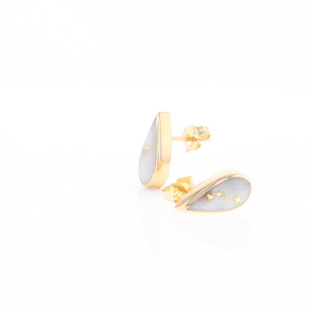 Gold Quartz Earrings Tear Drop Inlaid Studs