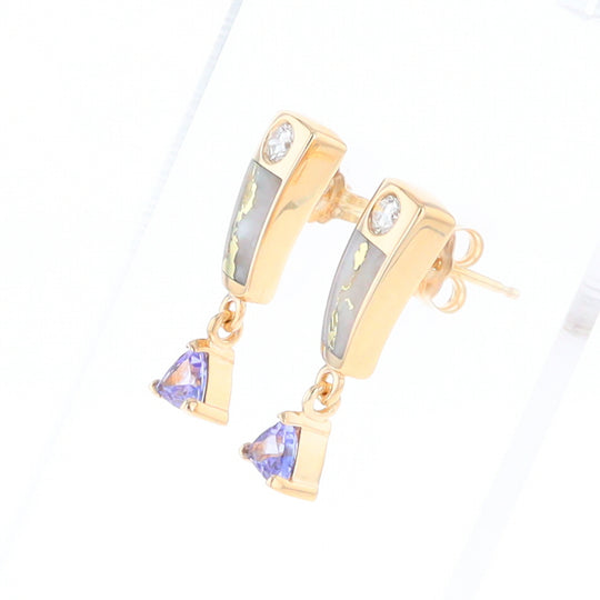 Gold Quartz Earrings Rectangle Inlaid Design with 0.11ct Diamonds & Trillion Cut Tanzanite