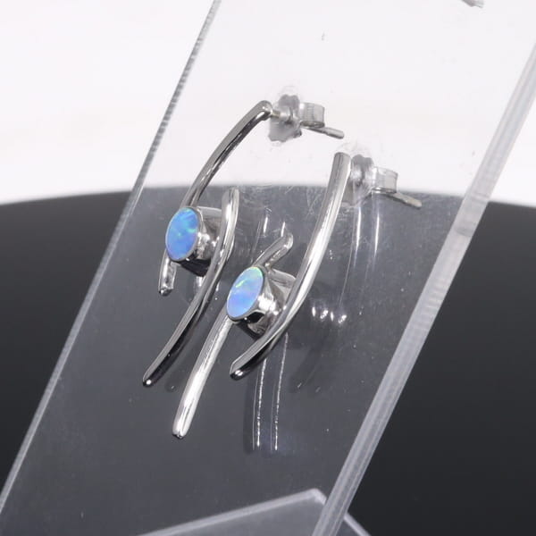 Opal Earrings Round Inlaid Double Curved Bar Design Studs