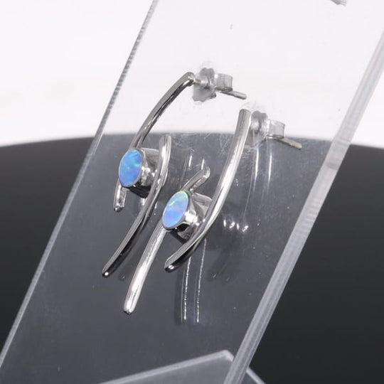 Opal Earrings Round Inlaid Double Curved Bar Design Studs