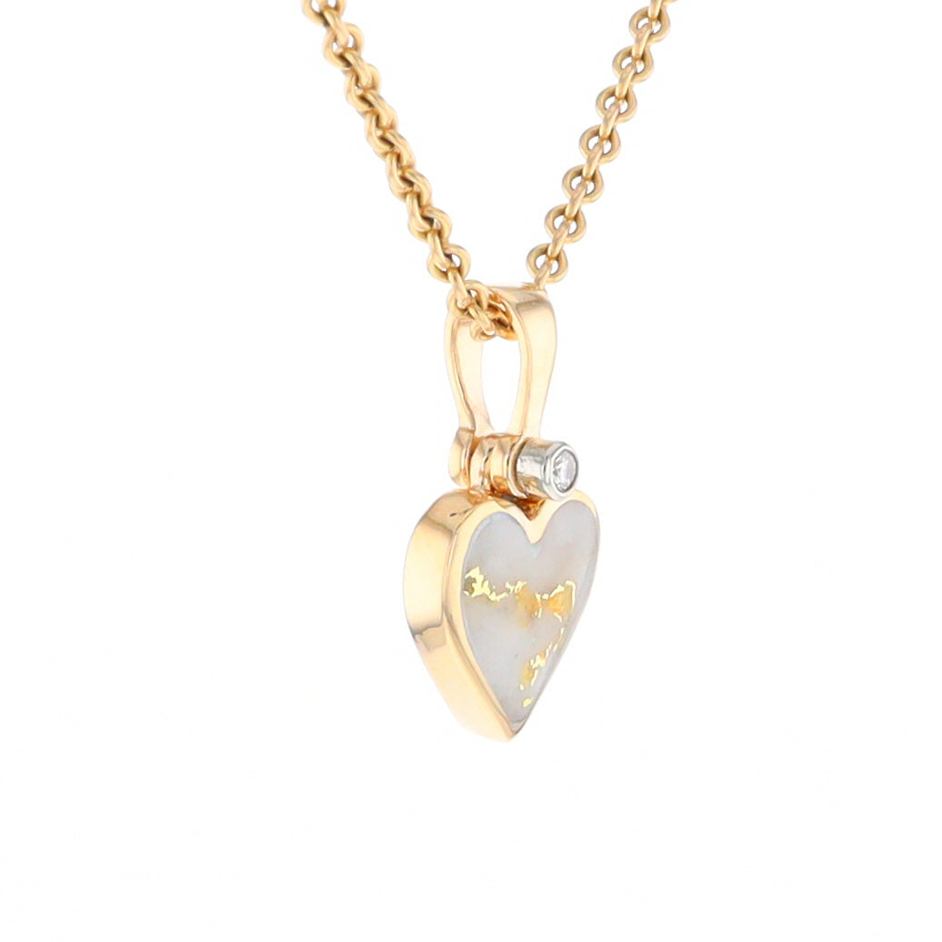 Gold Quartz Necklace Heart Inlaid Design Pendant with .02ct Diamond