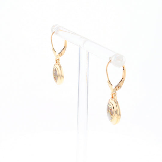 Gold Quartz Earrings Oval Inlaid Design Lever Backs - G2