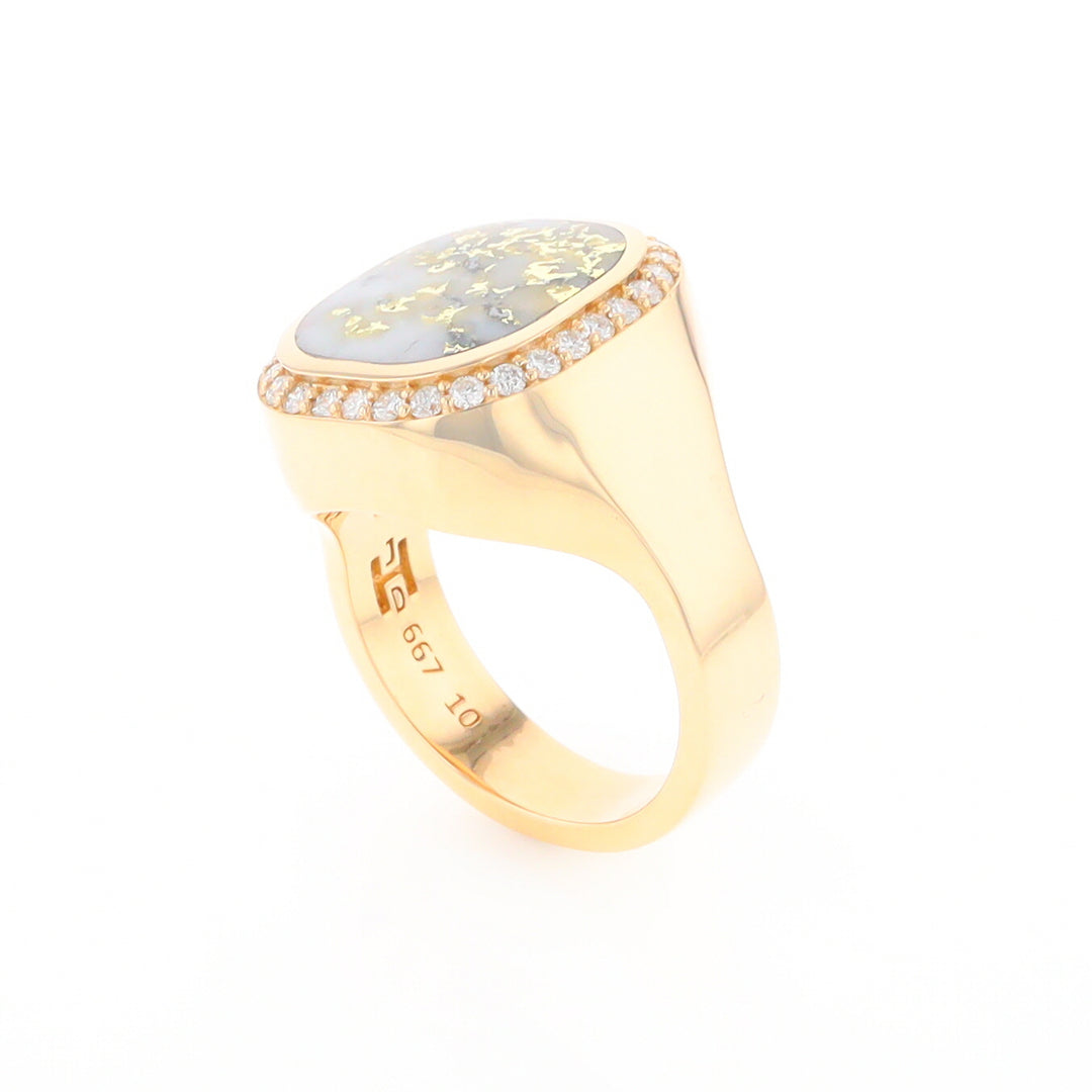 Gold Quartz Cushion Inlaid Men's Ring with Diamond Halo