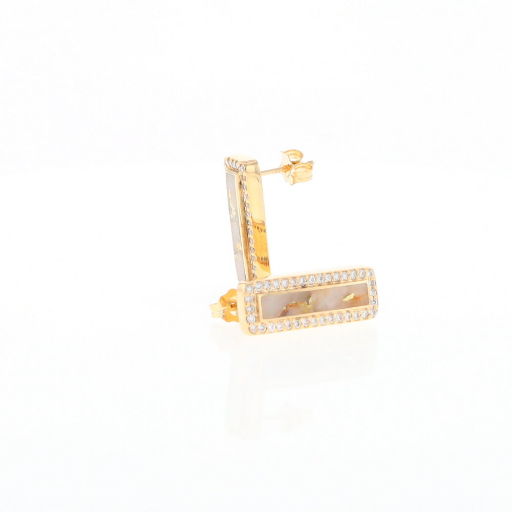 Gold Quartz Earrings Rectangle Inlaid with .50ctw Round Diamonds Halo Design - G2