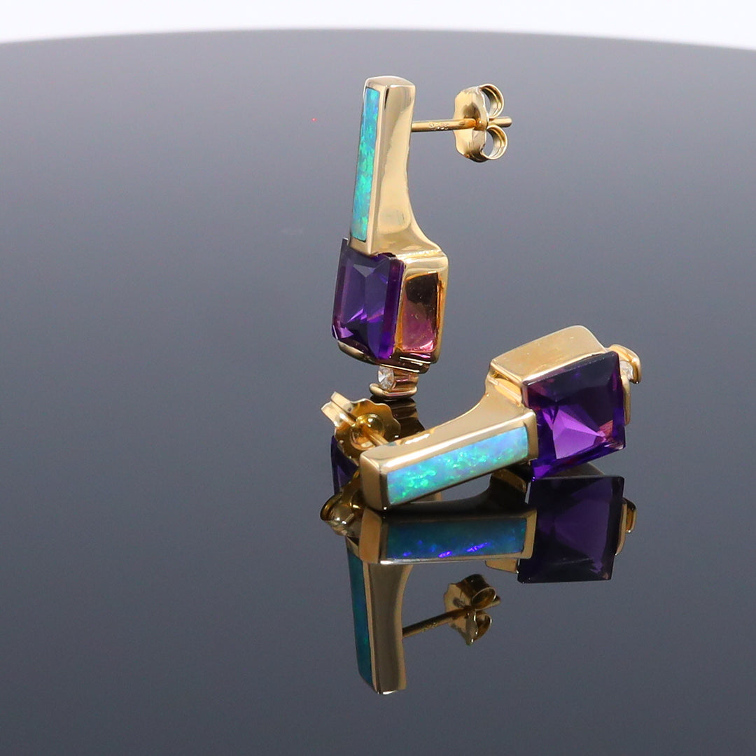 Opal Earrings Rectangle Inlaid Princess Cut Amethyst .06ctw Diamonds