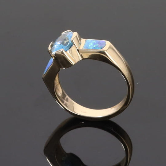 Opal Rings 2 Section Inlaid Design with Oval Swiss Blue Topaz Center