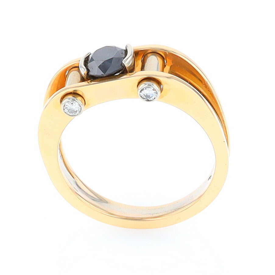 Men's Contemporary White and Yellow Gold Industrial Black Diamond Ring