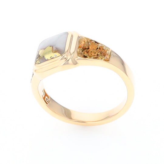 Gold Quartz Ring Square Inlaid Design Double Natural Nugget Sides
