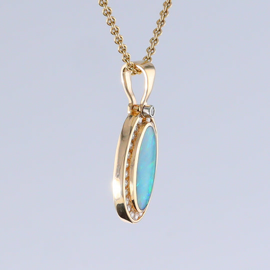 Opal Pendant Oval Inlaid Design with .37ctw Round Diamonds Halo