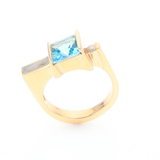 Gold Quartz Ring Rectangle Inlay Swiss Blue Topaz .06ct Round Diamond