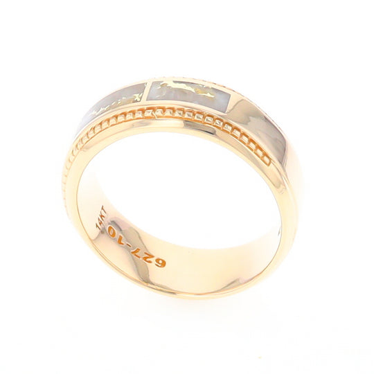 Gold Quartz Ring 3 Section Rectangle Inlaid Milgrain Border Band