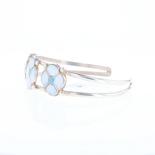 Native Mother of Pearl and Turquoise Flower Cuff Bracelet