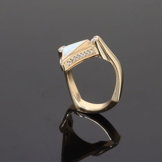 Opal Rings Triangle Inlaid Design with .31ctw Round Diamonds