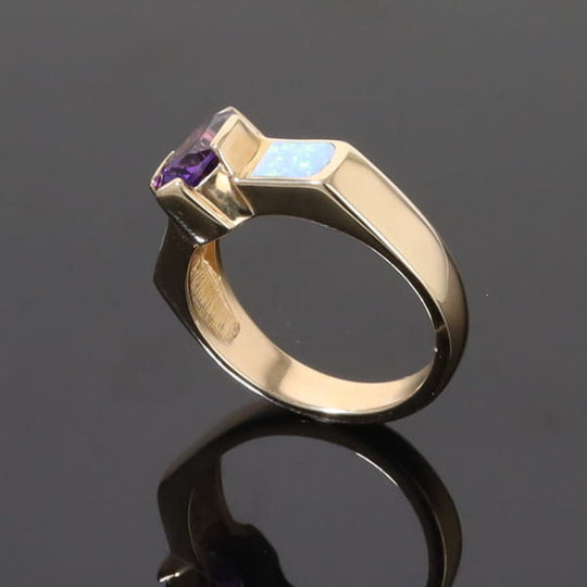 Opal Rings 2 Section Inlaid Design with Oval Amethyst Center