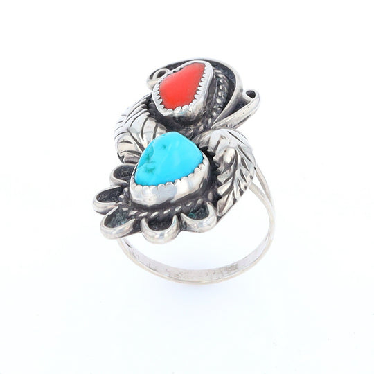 Freeform Turquoise and Coral Sterling Silver Double Leaf Ring