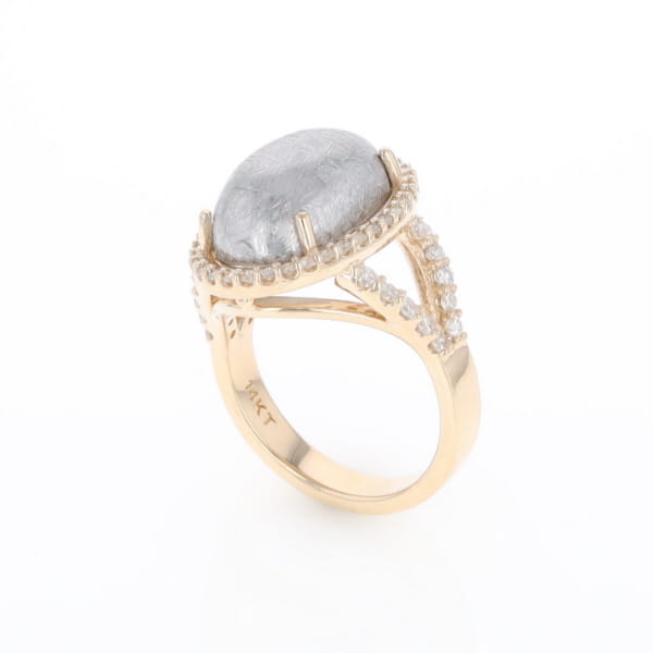 Meteorite Ring Oval Cabochon 0.65ctw Round Diamonds Halo