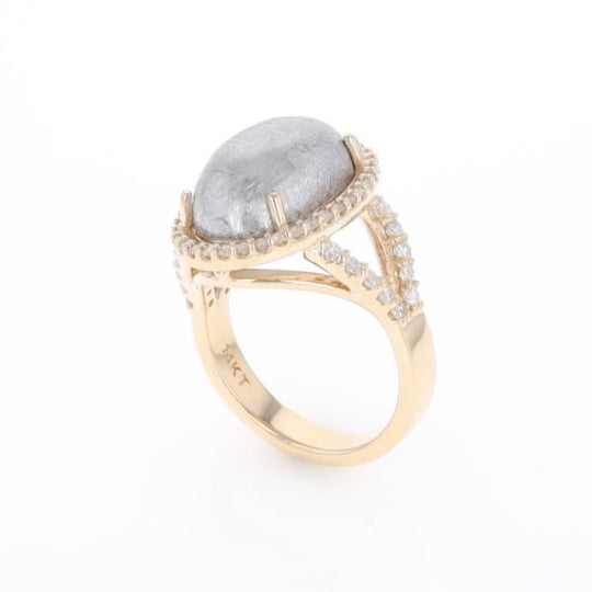 Meteorite Ring Oval Cabochon 0.65ctw Round Diamonds Halo