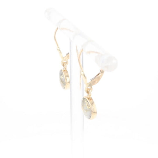 Gold Quartz Earrings Round Inlaid Design Lever Backs