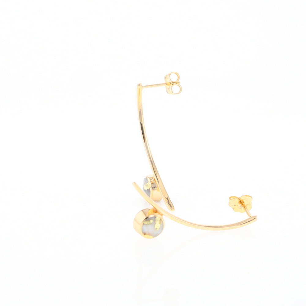 Gold Quartz Earrings Round Inlaid Curved Bar Design