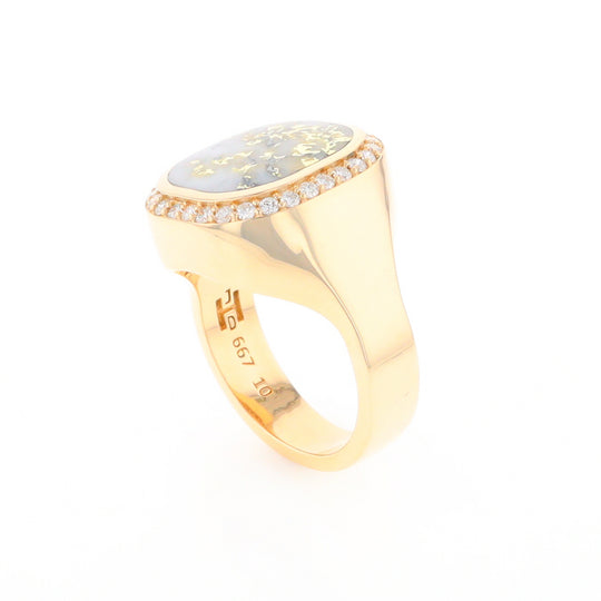 Gold Quartz Cushion Inlaid Men's Ring with Diamond Halo