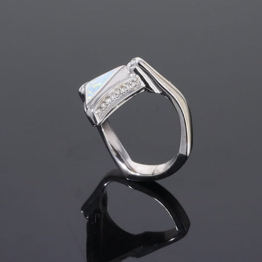 Opal Rings Triangle Inlaid Design with .31ctw Round Diamonds