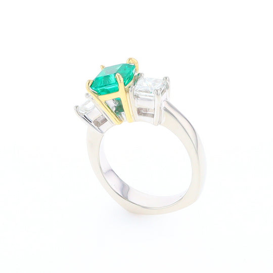 Three-Stone-Row Emerald and Diamond Ring