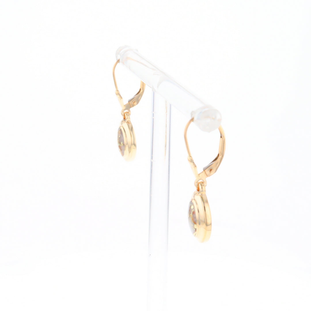 Gold Quartz Earrings Oval Inlaid Design Lever Backs - G2