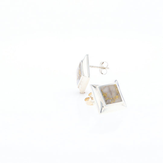 Sterling Silver Gold Quartz Inlaid Square Stud Earrings - G3