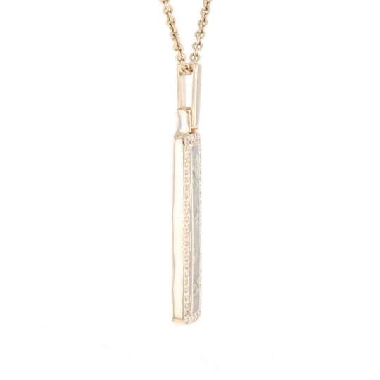 Gold Quartz Necklace, Rectangle Inlaid, .27ctw Diamond Halo Pendant
