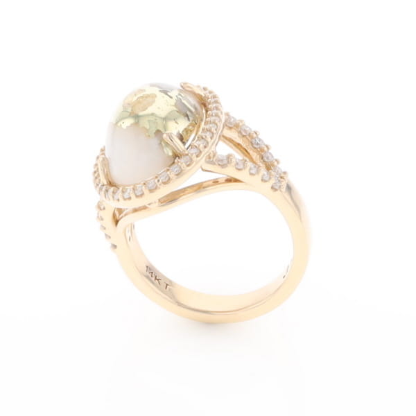 Gold Quartz Ring Oval Cabochon 0.65ctw Round Diamonds Halo