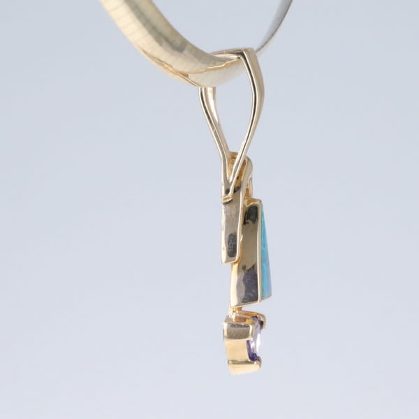 Opal Pendant Triangle Inlaid Design with Trillion Cut Tanzanite