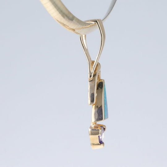 Opal Pendant Triangle Inlaid Design with Trillion Cut Tanzanite