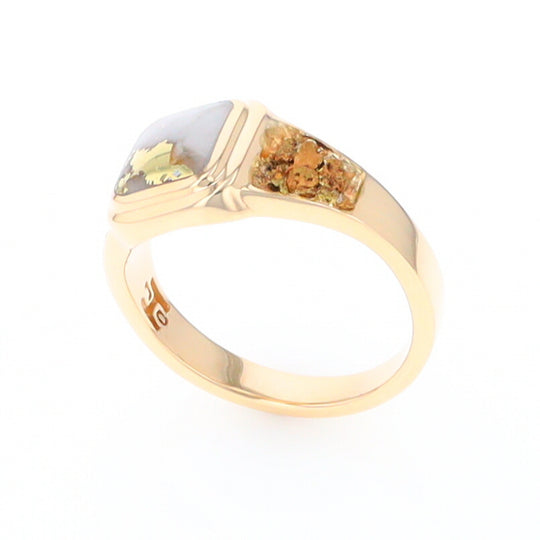 Gold Quartz Ring Square Inlaid Design Double Natural Nugget Sides