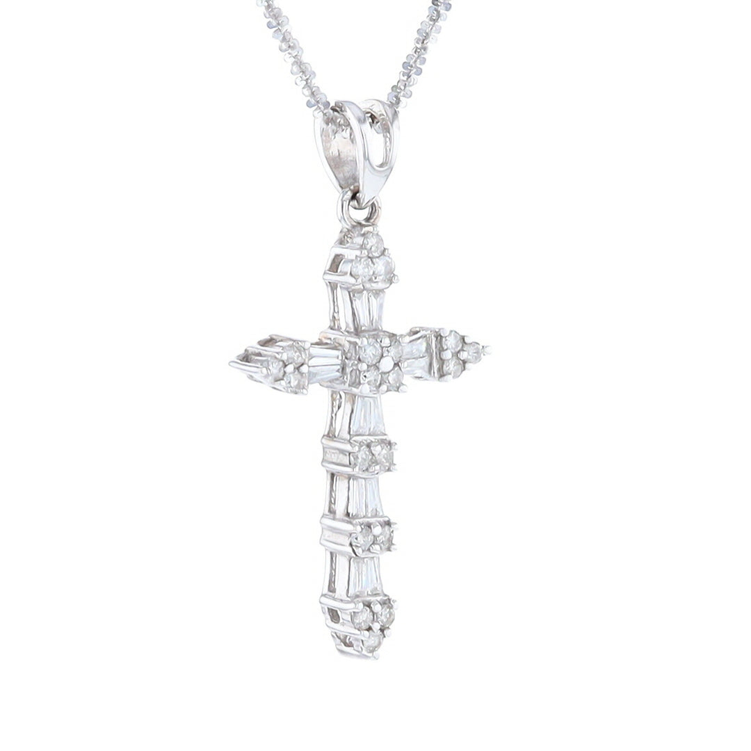 18K White Gold Diamond Cross Pendant with Round and Baguette Diamonds