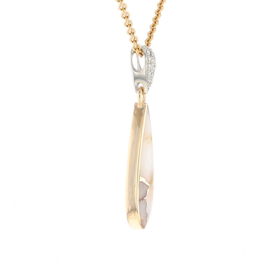 Gold Quartz Necklace, Tear Drop Inlaid Design with .11ctw Diamond Pave Pendant