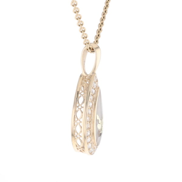 Gold Quartz Pendant Tear Drop Inlaid .42ctw Diamond Halo Design