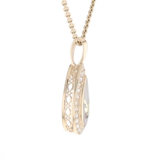 Gold Quartz Pendant Tear Drop Inlaid .42ctw Diamond Halo Design