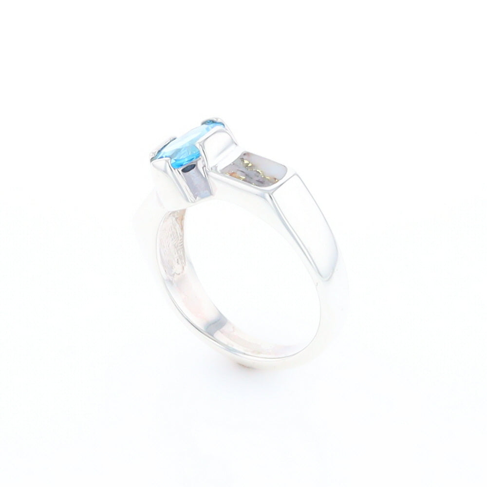 Sterling Silver Gold Quartz Inlaid Oval Blue Topaz Ring - G3