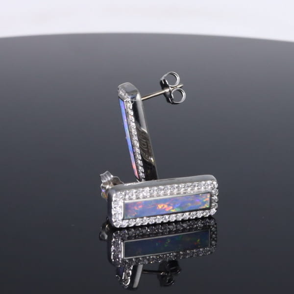 Opal Earrings Rectangle Inlaid with .50ctw Round Diamond Halo Studs