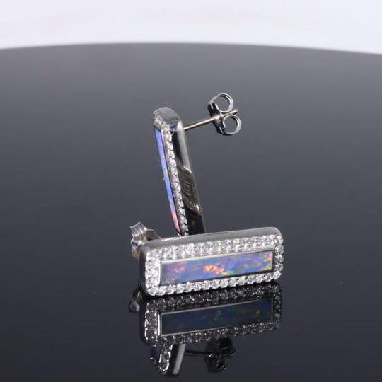 Opal Earrings Rectangle Inlaid with .50ctw Round Diamond Halo Studs