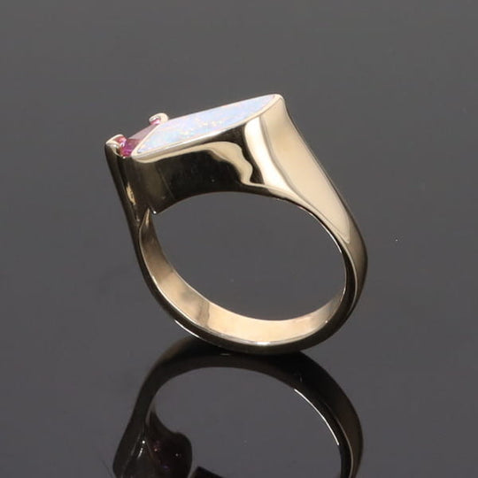 Opal Rings Geometric Inlaid with Pink Sapphire and .08ctw Diamonds