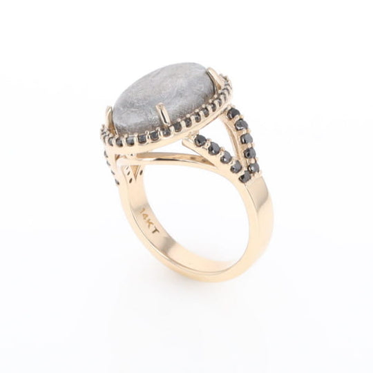 Meteorite Ring Oval Cabochon 0.65ctw Round Black Diamonds Halo