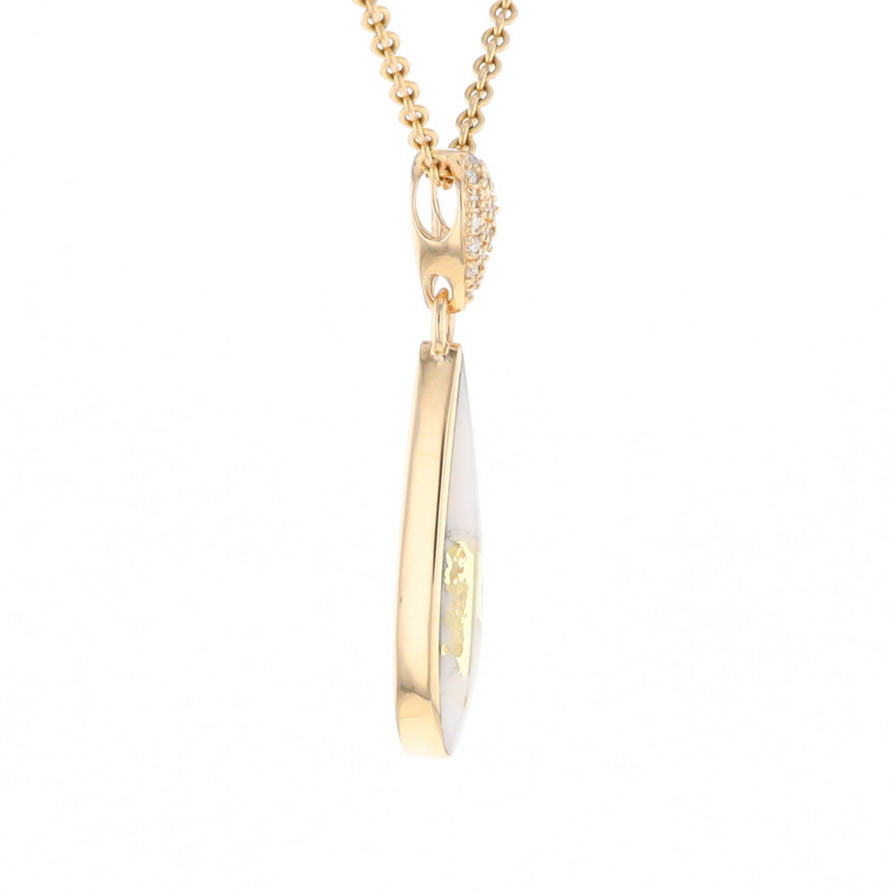 Gold Quartz Necklace, Tear Drop Inlaid Design with 0.11ctw Diamond Pave Pendant G2