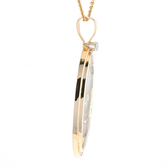 Gold Quartz Necklace 0.96ctw Halo Diamond Oval Inlaid Pendant